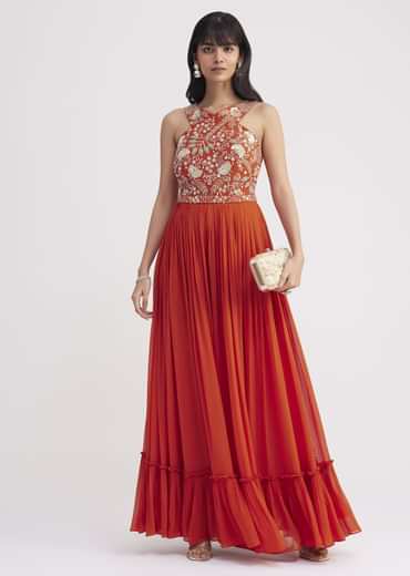 Orange Georgette Embroidered Jumpsuit With Belt