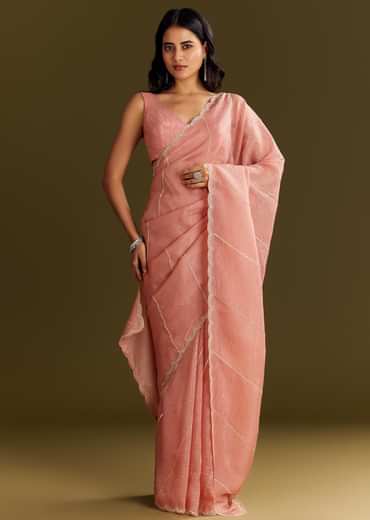 Peach Crush Tissue Saree With Cutdana And Beads Scallop Border