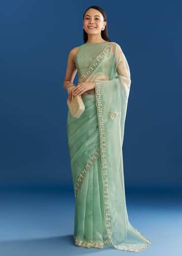 Light Green Organza Tissue Saree With Beaded Scallop Edge