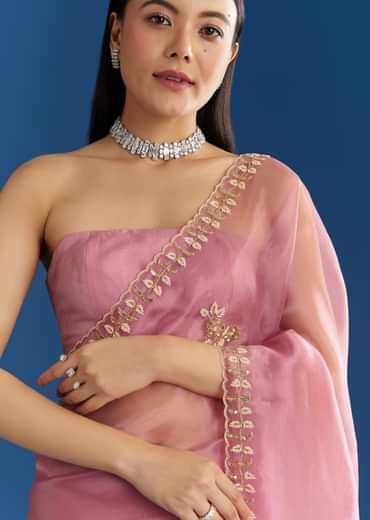 Pink Organza Tissue Saree With Beaded Scallop Border