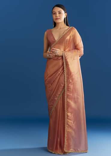 Orange Organza Tissue Saree With Sparkling Scallop Border