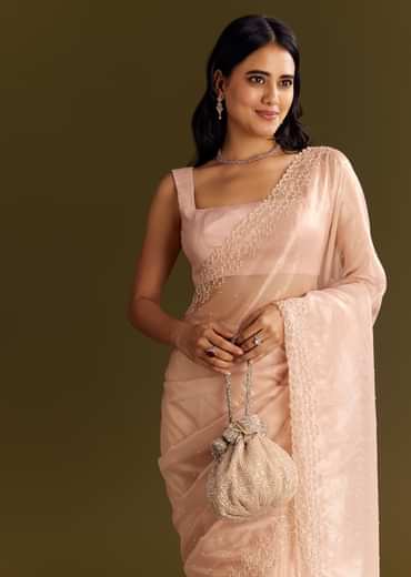 Peach Glass Tissue Saree With Cutdana And Beads Scallop Border
