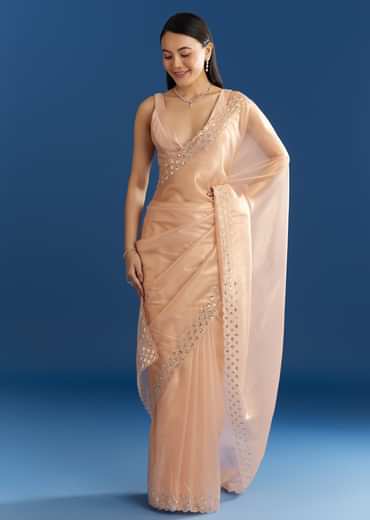 Peach Organza Tissue Saree With Cutdana Embellished Border