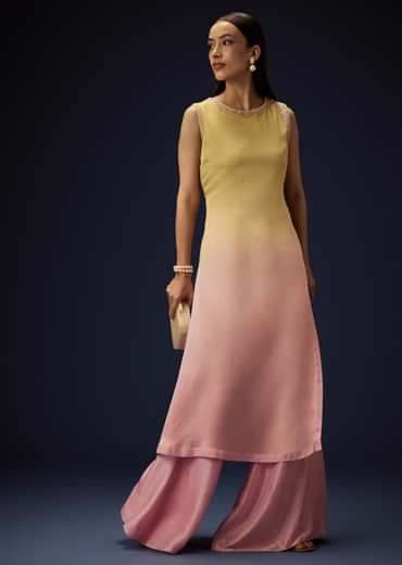 Yellow Ombre A Line Kurta With Bell Bottom Pants