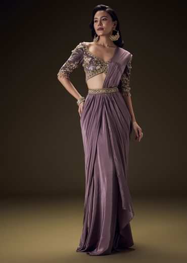 Dahlia Purple Ready To Wear Saree With Hand Embroided Belt Hand Velvet Blouse