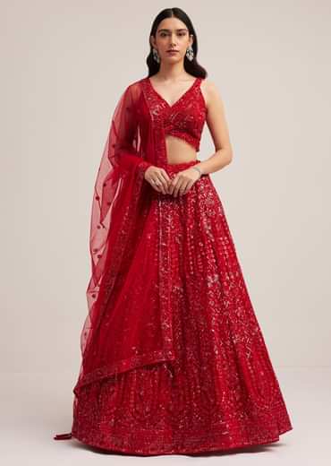 Red Sequin Embellished Lehenga Set