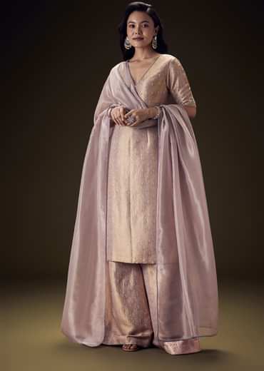 Lilac Embroidered Straight Kurta Set With Matching Brocade Palazzo And Organza Dupatta