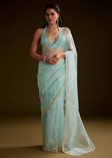 Sea Green Crush Tissue Saree With Stone And Moti Embroidery And Scallop Border
