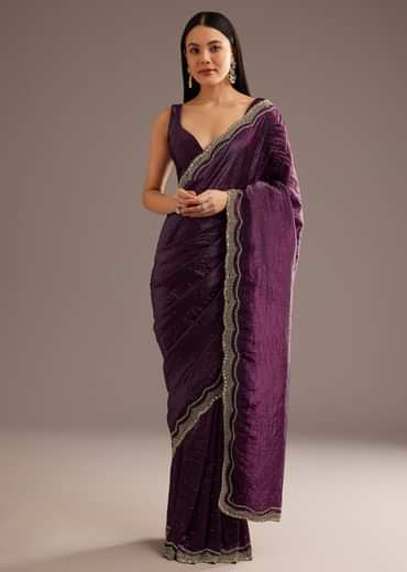 Wine Crushed Tissue Silk  Cutdana Scallop Bordered Saree