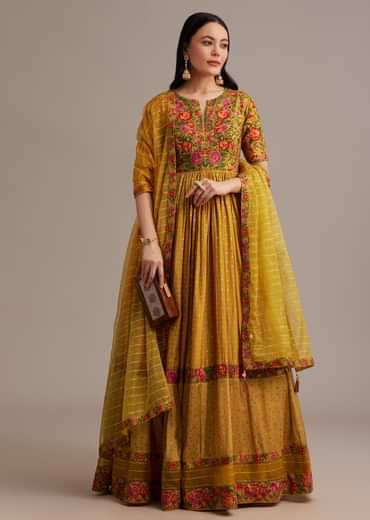 Yellow Bandhani Print Anarkali Set With Thread And Butti Work