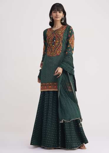 Bottle Green Silk Kurta Sharara With Chiffon Dupatta