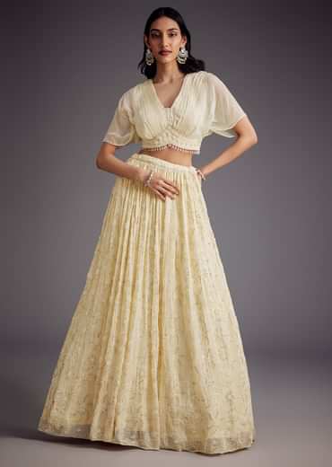 Off White Embroidered Pleated Skirt With Sheer Layered Croptop