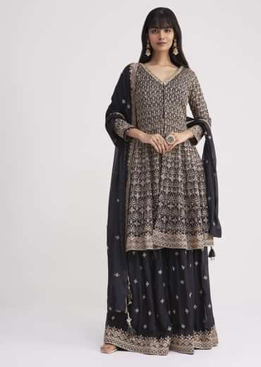 Midnight Blue Georgette Embroidered Palazzo Suit