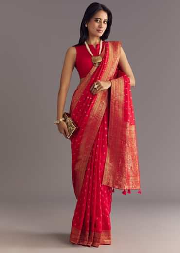 Red Dola Silk Butti Work Saree With Zari Border