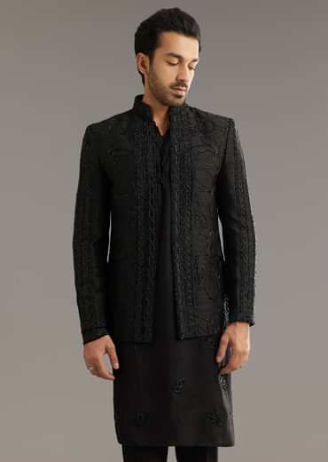 Black Raw Silk Indo Western Set With Beaded Work