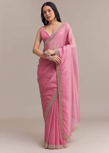 Baby Pink Crushed Tissue Saree With Embellished Border