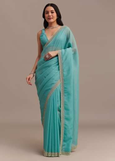 Light Blue Crushed Tissue Saree Embroidered With Cutdana And Stones