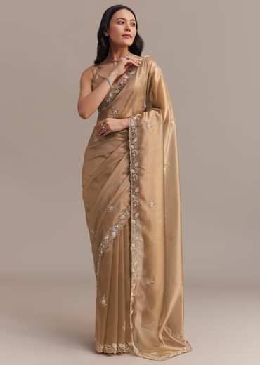 Metallic Gold Organza Tissue Saree With Cutdana And Bead Embroidery