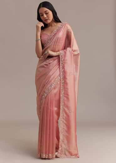 Metallic Pink Organza Tissue Saree With Cutdana And Bead Embroidery