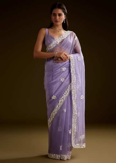 Violet Tissue Saree With Floral Embroidery And Scallop Border