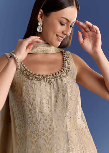 Brown Ombre Georgette Anarkali With Cutdana Neck And Zari Dupatta