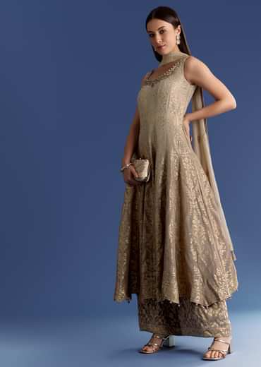 Brown Ombre Georgette Anarkali With Cutdana Neck And Zari Dupatta