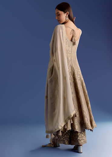 Brown Ombre Georgette Anarkali With Cutdana Neck And Zari Dupatta