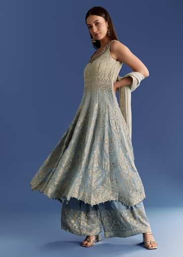 Blue Ombre Georgette Anarkali With Cutdana Neck And Zari Dupatta