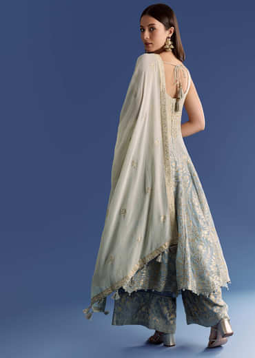 Blue Ombre Georgette Anarkali With Cutdana Neck And Zari Dupatta
