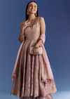 Pink Ombre Georgette Anarkali With Cutdana Neck And Zari Dupatta