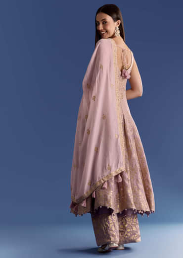 Pink Ombre Georgette Anarkali With Cutdana Neck And Zari Dupatta