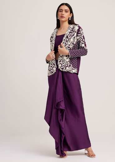 Purple Crop Top Skirt And Embroidered Jacket Set
