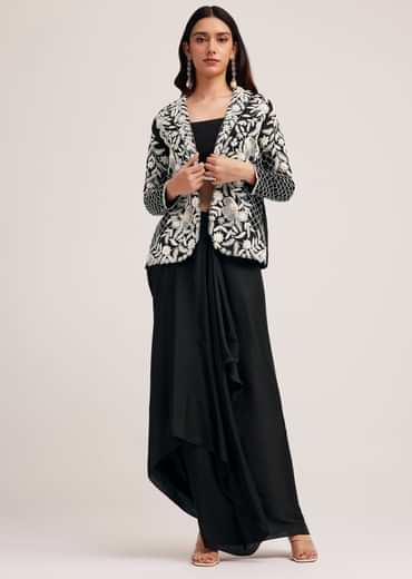 Black Crop Top Skirt And Embroidered Jacket Set