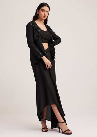 Black Crop Top Skirt And Embellished Jacket Set