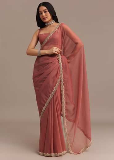 Rust Orange Crushed Tissue Saree With Stone And Cutdana Embellished Border