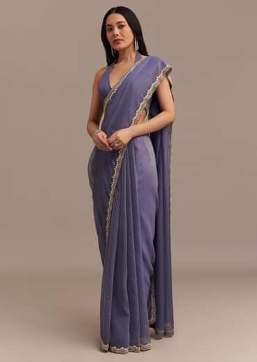 Dark Lavender Crushed Tissue Saree With Stone And Cutdana Embellished Border