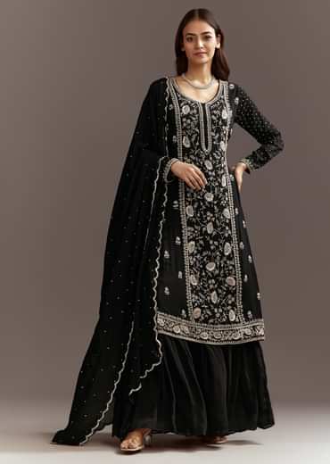 Black Cutdana And Sequins Kurta With Chinon Sharara And Dupatta