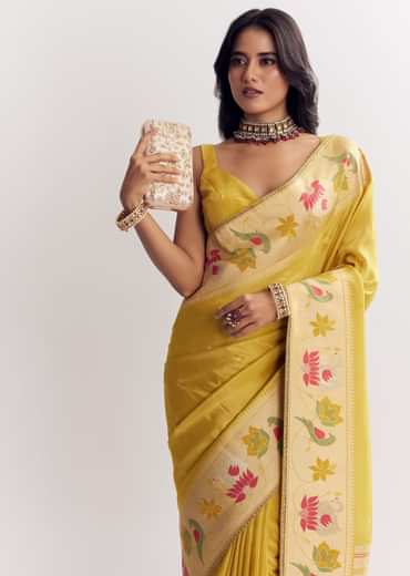 Yellow Dola Silk Paithani Saree With Dollar Butti And Multicolor Motif
