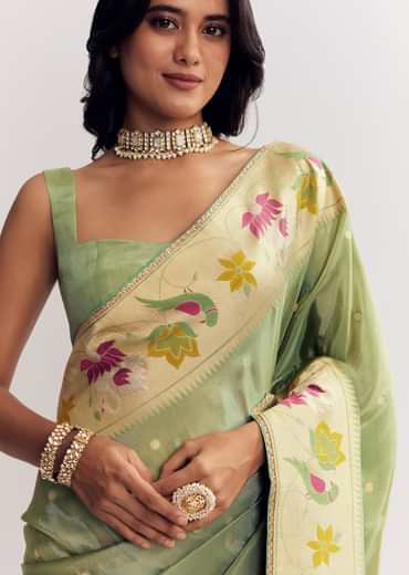 Green Dola Silk Paithani Saree With Dollar Butti And Multicolor Motif