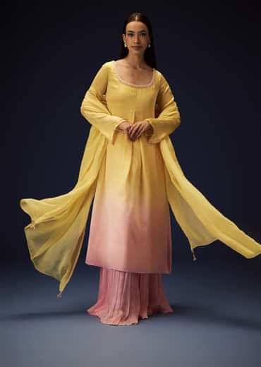 Yellow Orgnaza Kurta Palazzo Suit With Ruched Palazzo