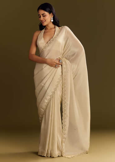 Beige Tissue Saree With Cutdana And Beads Scallop Border