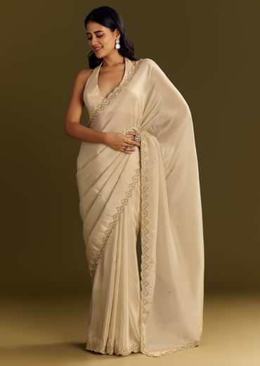 White Tissue Saree With Cutdana And Beads Scallop Border
