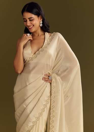 White Tissue Saree With Cutdana And Beads Scallop Border