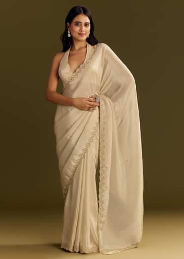Beige Tissue Saree With Cutdana And Beads Scallop Border