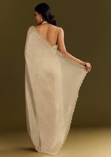 Beige Tissue Saree With Cutdana And Beads Scallop Border