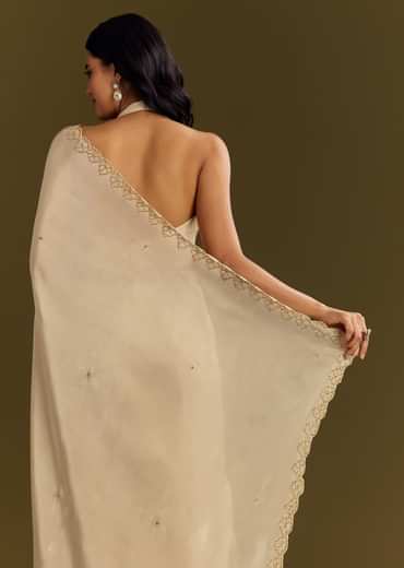 White Tissue Saree With Cutdana And Beads Scallop Border