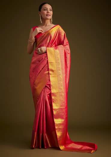 Rani Pink Kanjivaram Silk Saree With Golden Zari Detailing