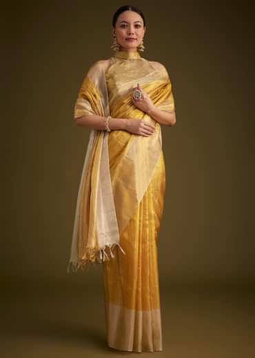 Gold Kanjivaram Silk Saree With Contrast Border And Pallu