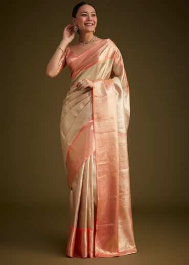 Cream Kanjivaram Silk Saree With Contrast Border And Pallu