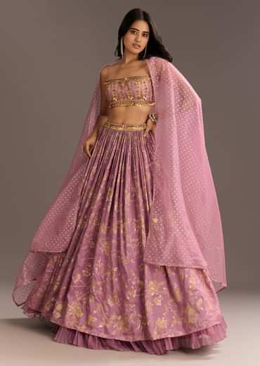 Pink Organza Double Layered Lehenga Set With Handwork Embroidery